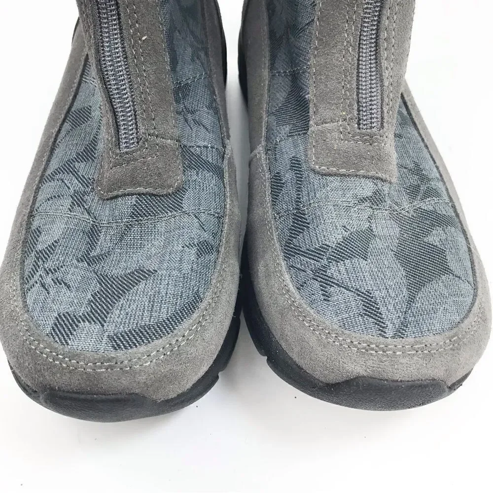 Land’s End Gray Suede Floral Canvas Front Zip Faux Fur Lined Thermolite Boot NEW